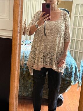 Boho Lace Surrealist lace Scoop Neck Tunic - Beige